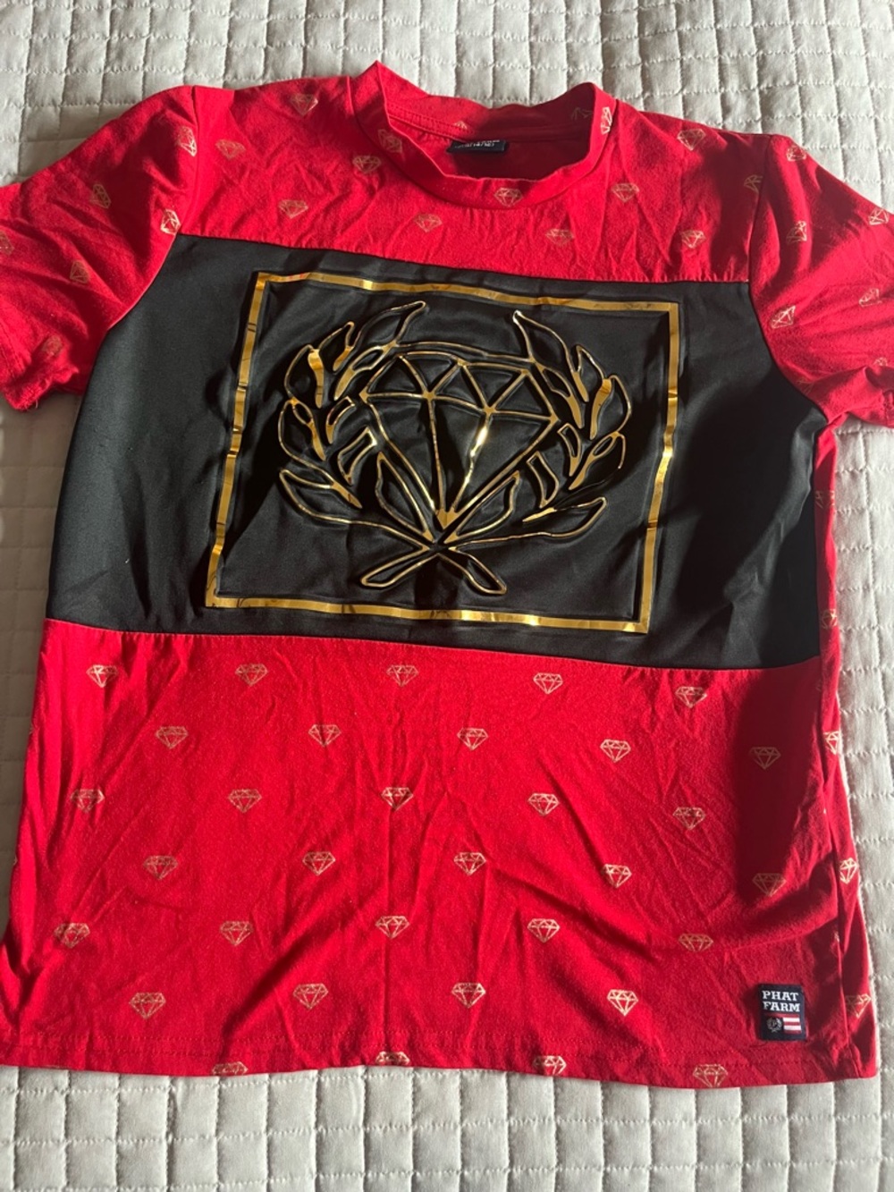 Phat Farm Red Tee with Gold Diamond Motif Top 14/16